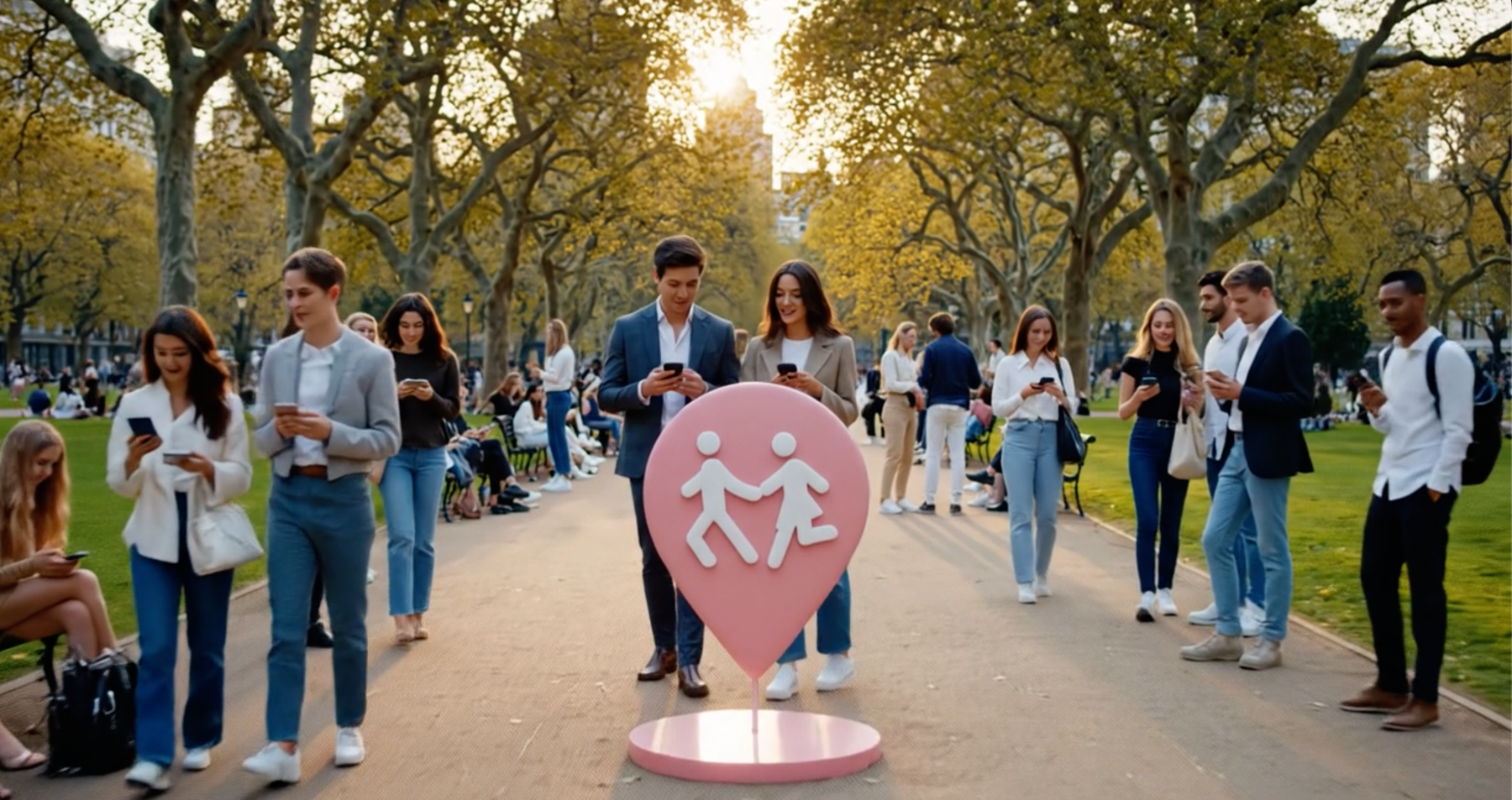 A scene (created using AI) from MeetMeetNow's marketing video, where two people are meeting in a busy place