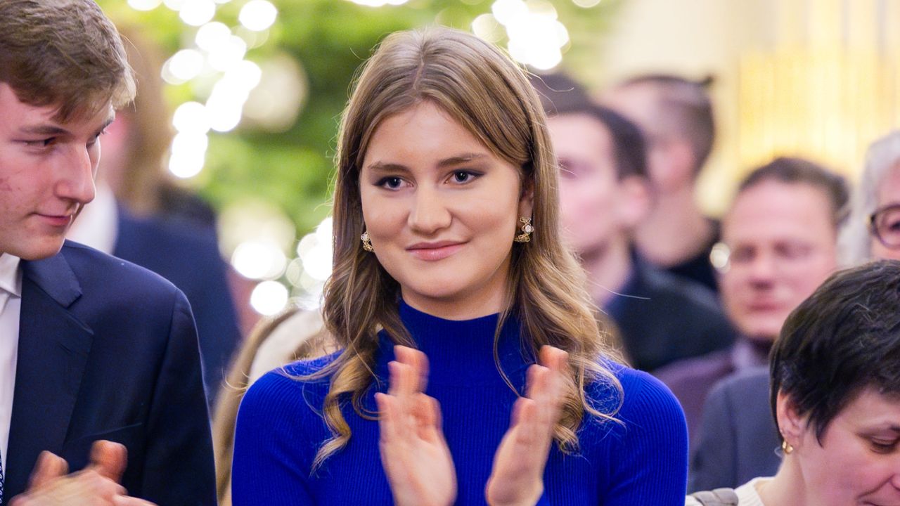 Princess Elisabeth of Belgium wears a royal blue turtle neck at the Royal Palace on December 19, 2023 in Brussels, Belgium