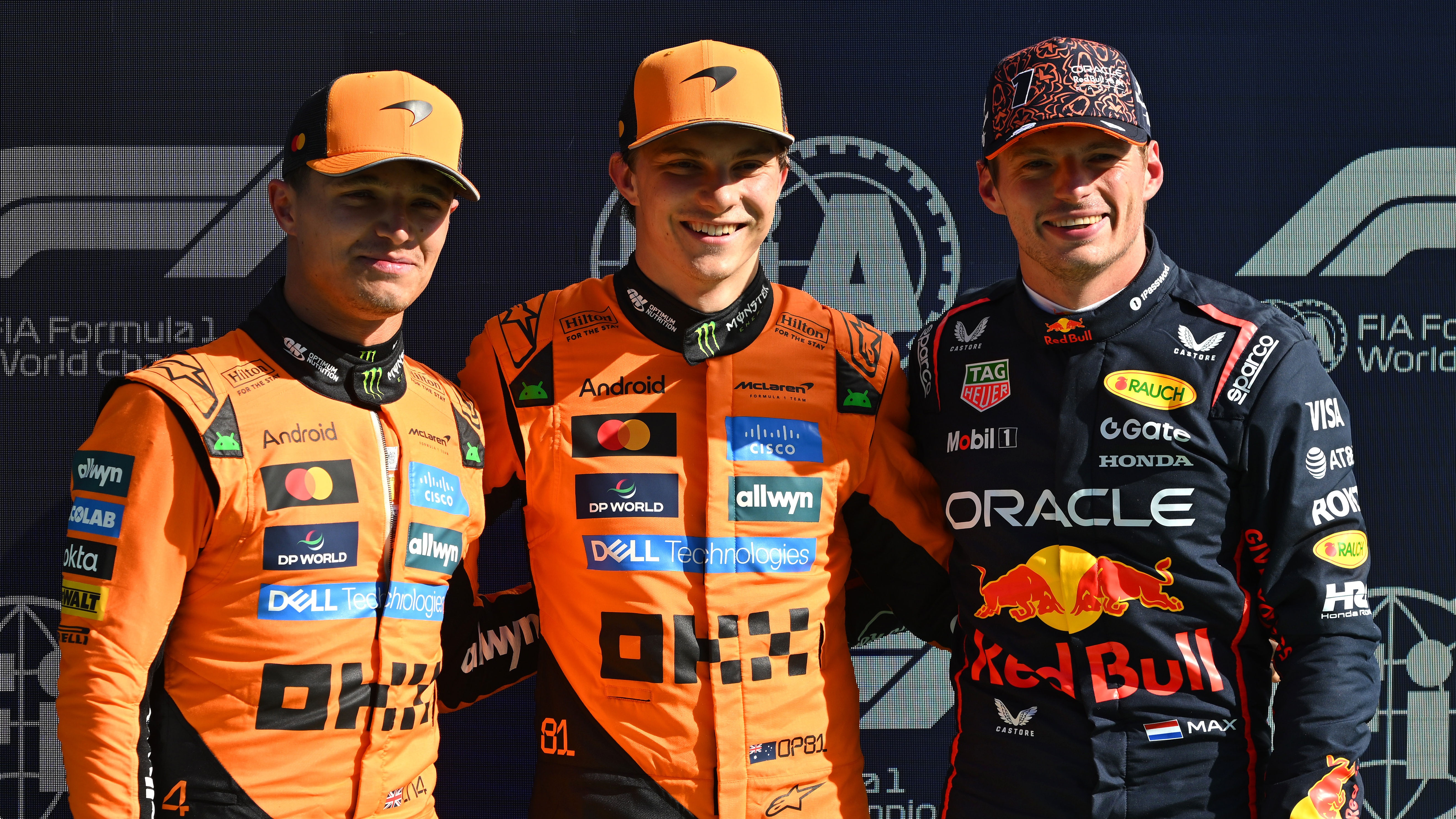 Pole position qualifier Oscar Piastri of Australia and McLaren Second placed qualifier Lando Norris of Great Britain and McLaren and Third placed qualifier Max Verstappen of the Netherlands and Oracle Red Bull Racing during qualifying ahead of the F1 Grand Prix of Netherlands at Circuit Zandvoort on August 30, 2025 in Zandvoort, Netherlands.