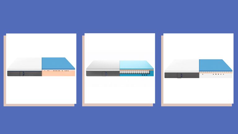 product shots of three Emma mattresses on a blue background to convey the best emma mattress sales and deals