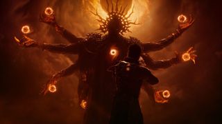 A character aims a weapon at a six-armed demon, as a dying sun rises in the background