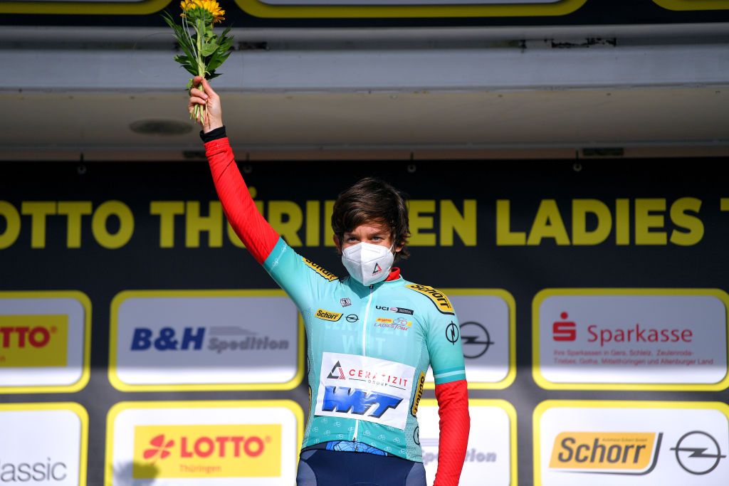 DRTENDORF GERMANY MAY 28 Kathrin Hammes of Germany and Ceratizit WNT Pro Cycling Team green mountain jersey celebrates at podium during the 34th Internationale LOTTO Thringen Ladies Tour 202 Stage 4 a 101km stage from Drtendorf to Drtendorf 420m ltlt2021 lottothueringenladiestour womencycling on May 28 2021 in Drtendorf Germany Photo by Luc ClaessenGetty Images