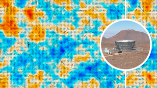 (Main) The CMB as seen by ACT with polarization represented by small black arrows. (Inset) The ACT instrument located in the Atacama desert of Chile