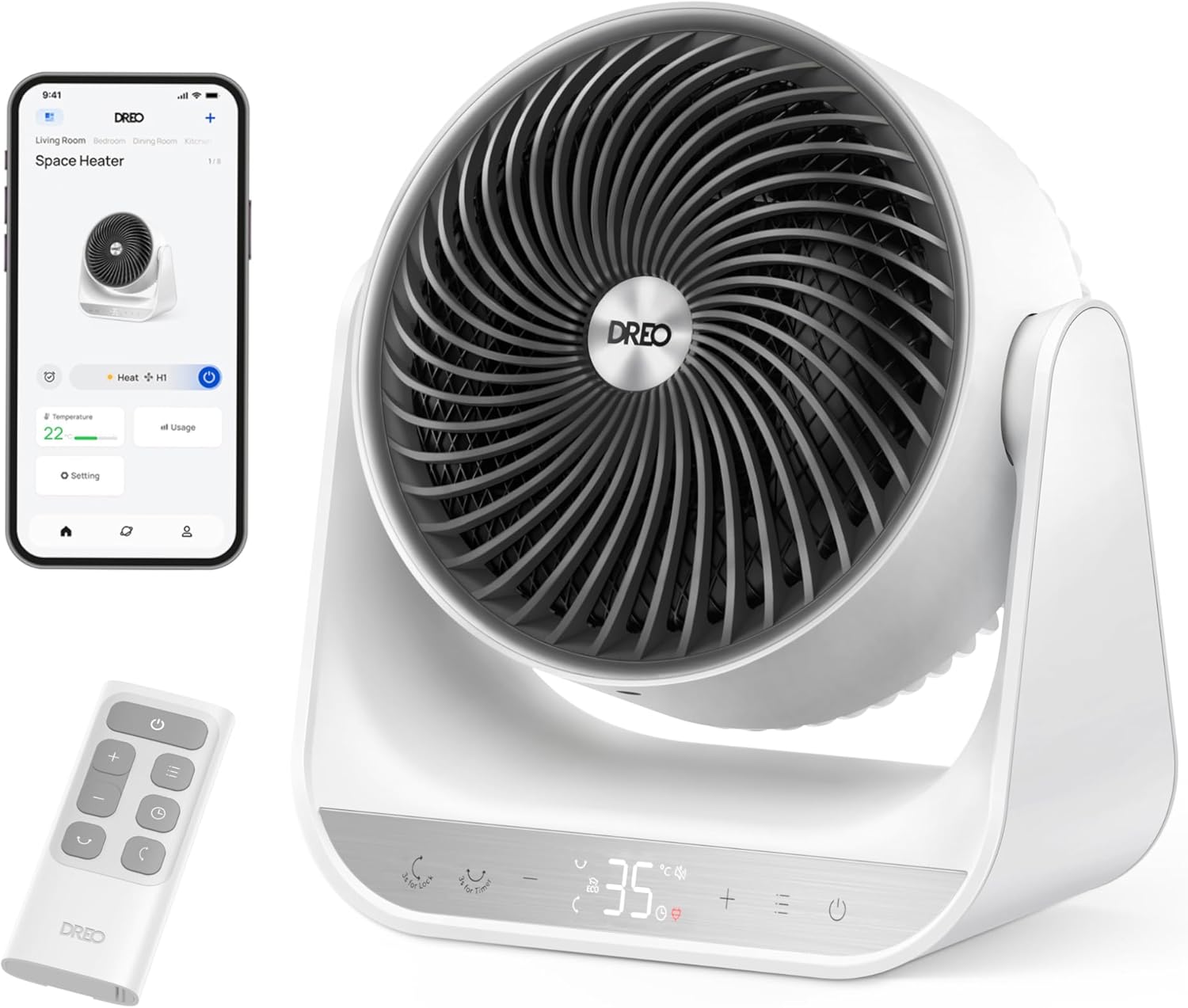 Dreo Smart Whole Room Heater 714s, 60&amp;deg; Vertical &amp;amp; 90&amp;deg; Horizontal 3d Oscillating Heating, 12 Ft/s Long-Range Circulator, 3 Heat &amp;amp; 3 Fan Settings, Space Heaters for Indoor Use, Bedroom, Office, White