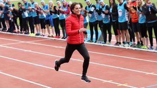 Catherine, Duchess of Cambridge runs as she joins Team Heads Together at a London Marathon Training Day at the Queen Elizabeth Olympic Park on February 5, 2017 in London, England.