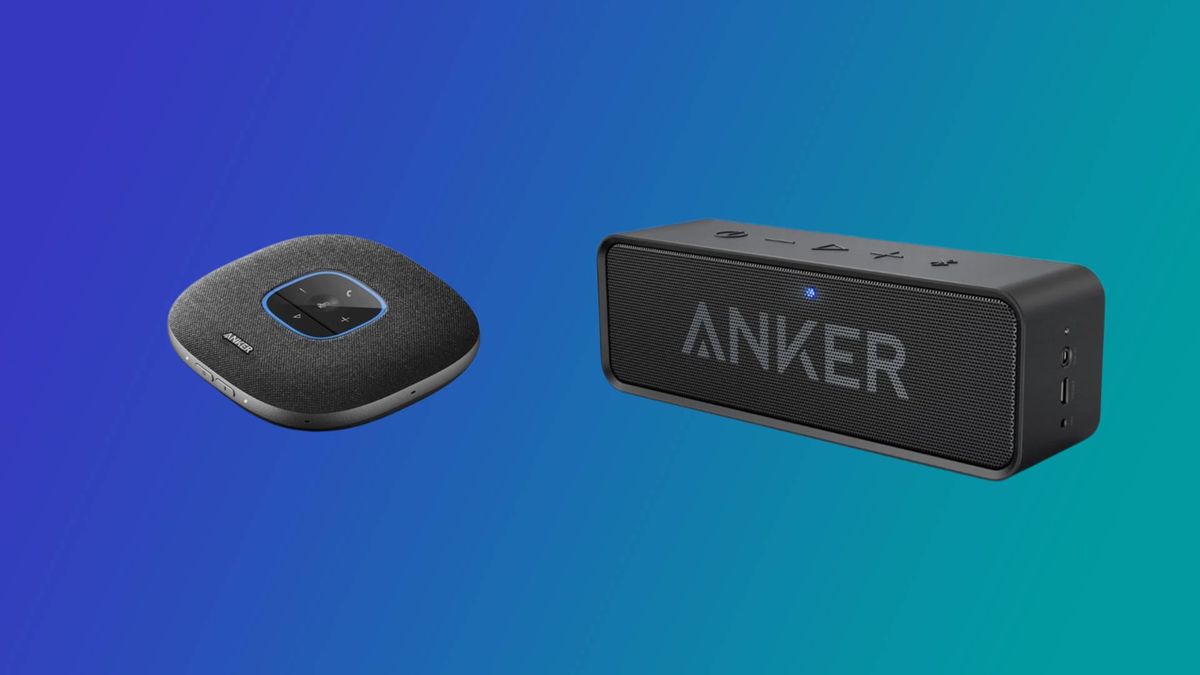 The Anker Soundcore and Powerconf Bluetooth speaker on a blue and green gradient