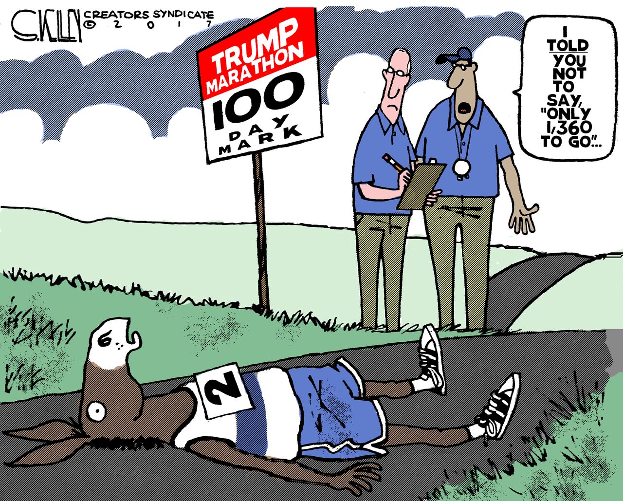 Political Cartoon U.S. President Trump 100 days Democrats