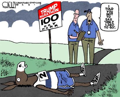 Political Cartoon U.S. President Trump 100 days Democrats