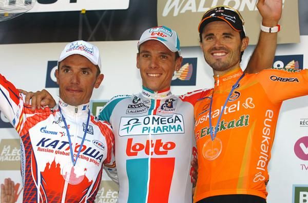 Fl&egrave;che Wallonne top 3 (l-r): Joaqu&iacute;m Rodr&iacute;guez (Katusha), Philippe Gilbert (Omega Pharma-Lotto) and Samuel S&aacute;nchez (Euskaltel-Euskadi).