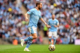 Bernardo Silva of Manchester City on the ball during The FA Community Shield match between Manchester City and Arsenal at Wembley Stadium on August 6, 2023 in London, England. (Photo by Sportsphoto/Allstar via Getty Images)