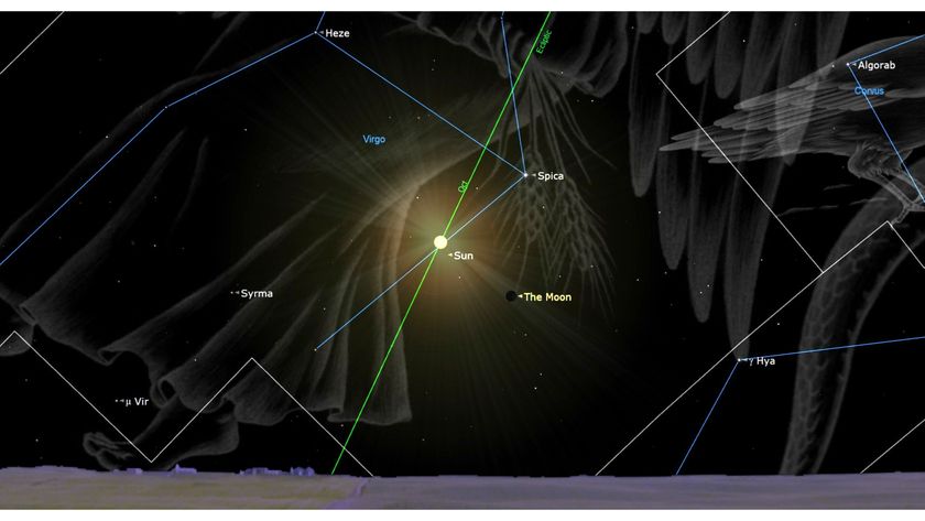 A constellation map of the night sky showing labeled stars like Spica with a bright light in the middle of the image which is labeled &quot;the sun&quot; and below it is a dark dot showing a new moon