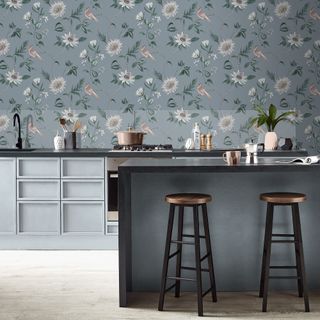 floral and bird wallpaper in blue contemporary country kitchen