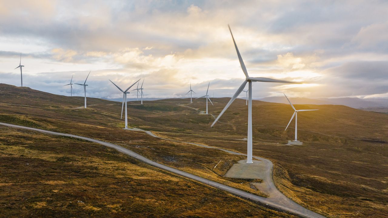 wind turbines on field 