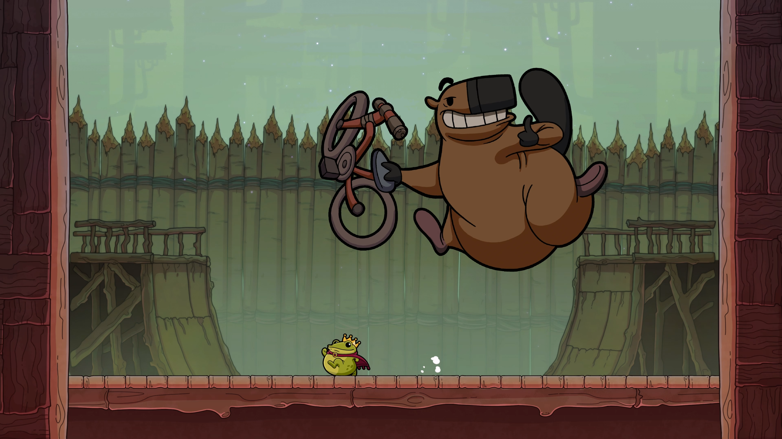 Croak. a large beaver jumps at a frog