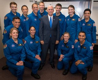 Vice President Mike Pence spoke during a ceremony to announced NASA's newest astronaut class, on June 7, 2017. He is shown here with the new astronaut candidates.
