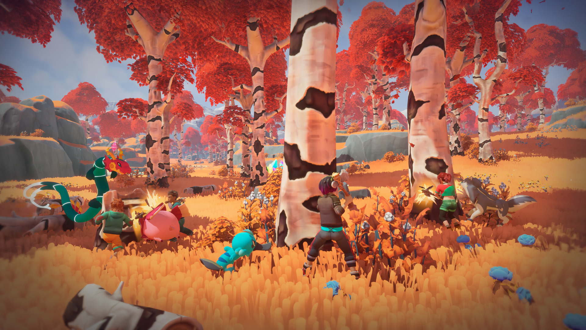 Temtem tamers harvest lumber alongside their Temtem in Temtem: Pioneers.