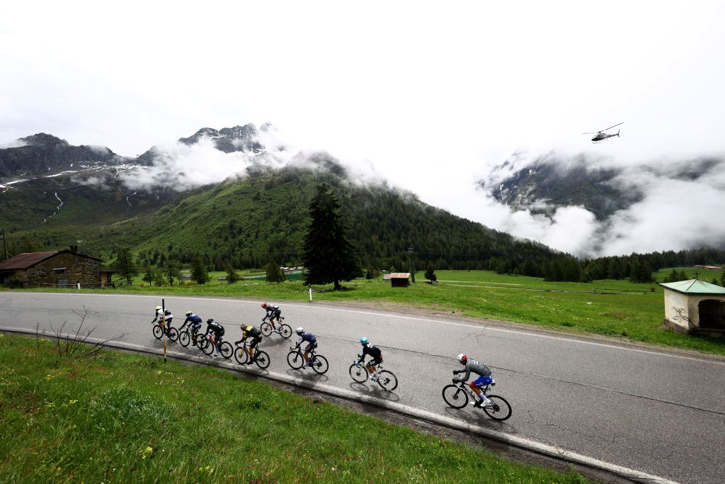 LAVARONE ITALY MAY 25 A general view of Rein Taaramae of Estonia and Team Intermarch Wanty Gobert Matriaux Jan Hirt of Czech Republic and Team Intermarch Wanty Gobert Matriaux Santiago Buitrago Sanchez of Colombia and Team Bahrain Victorious Gijs Leemreize of Netherlands and Team Jumbo Visma Diego Andres Camargo Pineda of Colombia and Team EF Education Easypost Mauri Vansevenant of Belgium and Team QuickStep Alpha Vinyl Lorenzo Fortunato of Italy and EoloKometa Cycling Team and Attila Valter of Hungary and Team Groupama FDJ in chase group beginning to climb the Passo del Tonale 1876m during the 105th Giro dItalia 2022 Stage 17 a 168 km stage from Ponte di Legno to Lavarone 1161m Giro WorldTour on May 25 2022 in Lavarone Italy Photo by Michael SteeleGetty Images