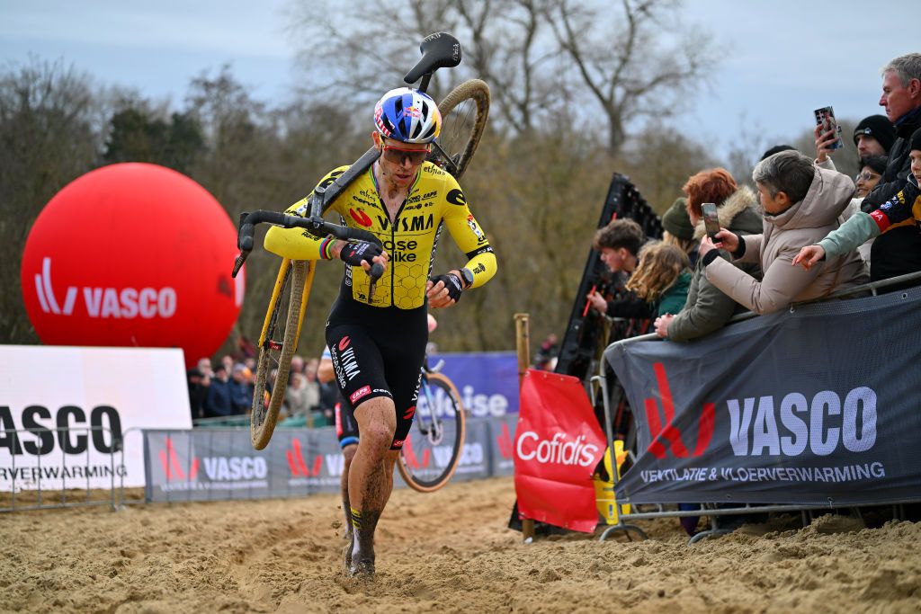 KOKSIJDE BELGIUM JANUARY 04 Wout Van Aert of Belgium and Team JumboVisma competes during the 17th X2O Trofee Cyclocross Vlaamse Duinencross Koksijde 2024 Mens Elite on January 04 2024 in Koksijde Belgium Photo by Luc ClaessenGetty Images