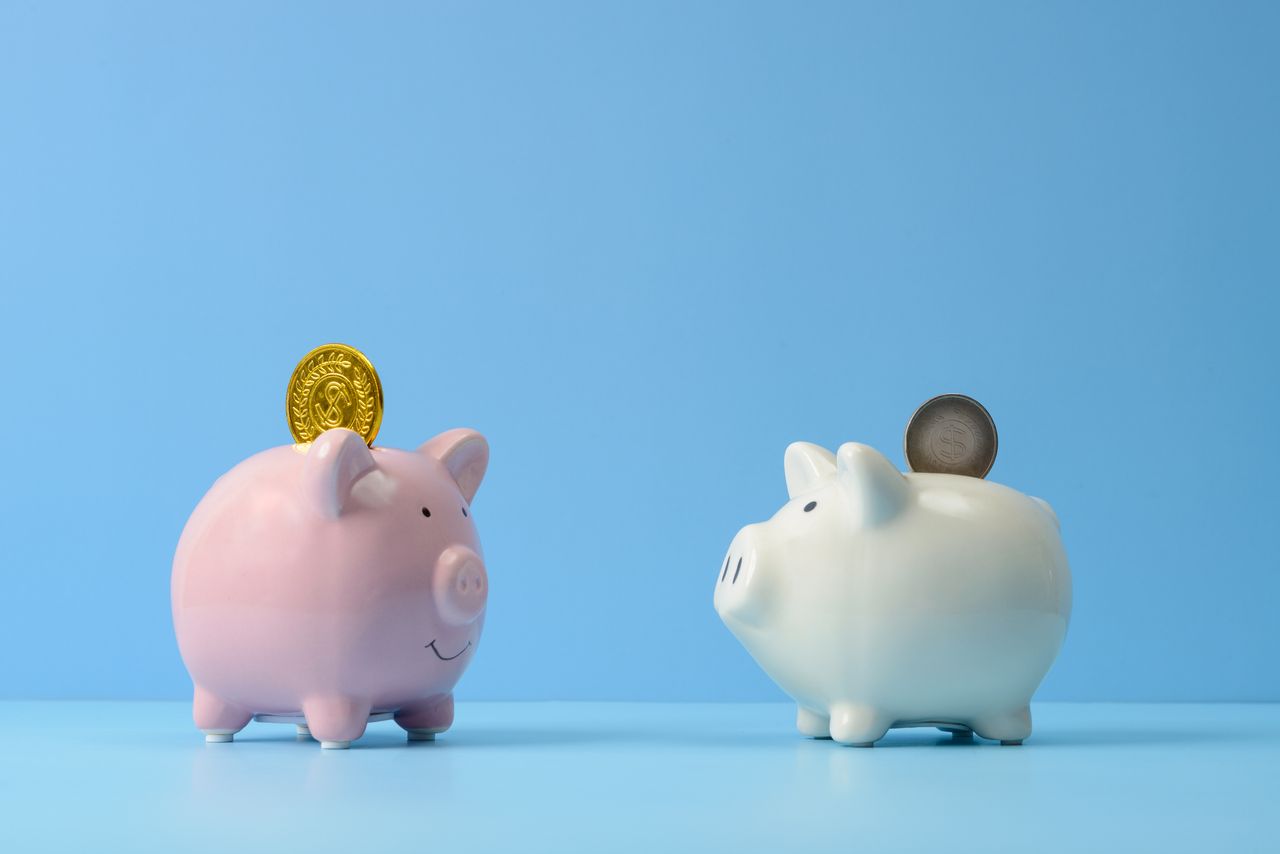 Pension fund with two piggybanks pink and white on blue background