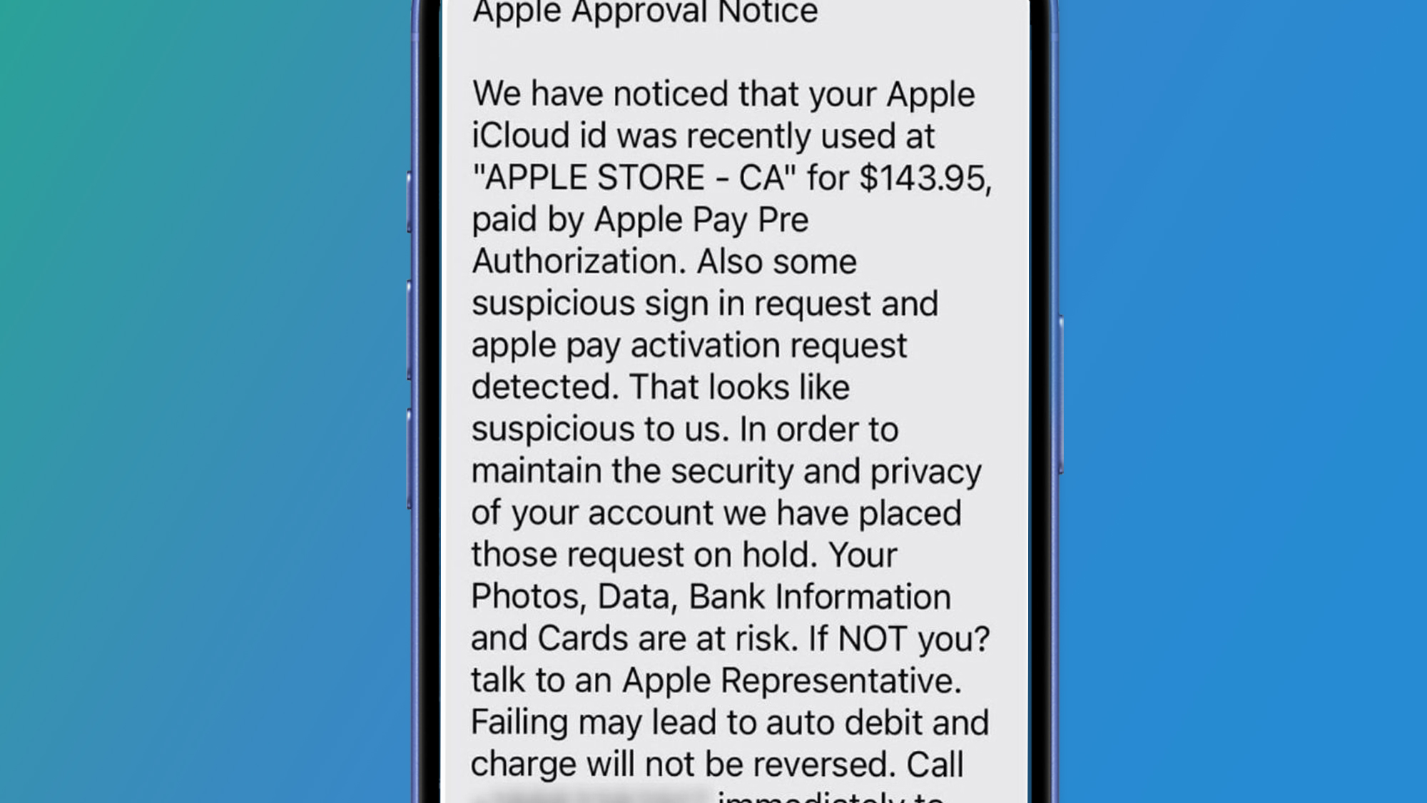 An iPhone on a blue and green background showing a scam Apple Pay message
