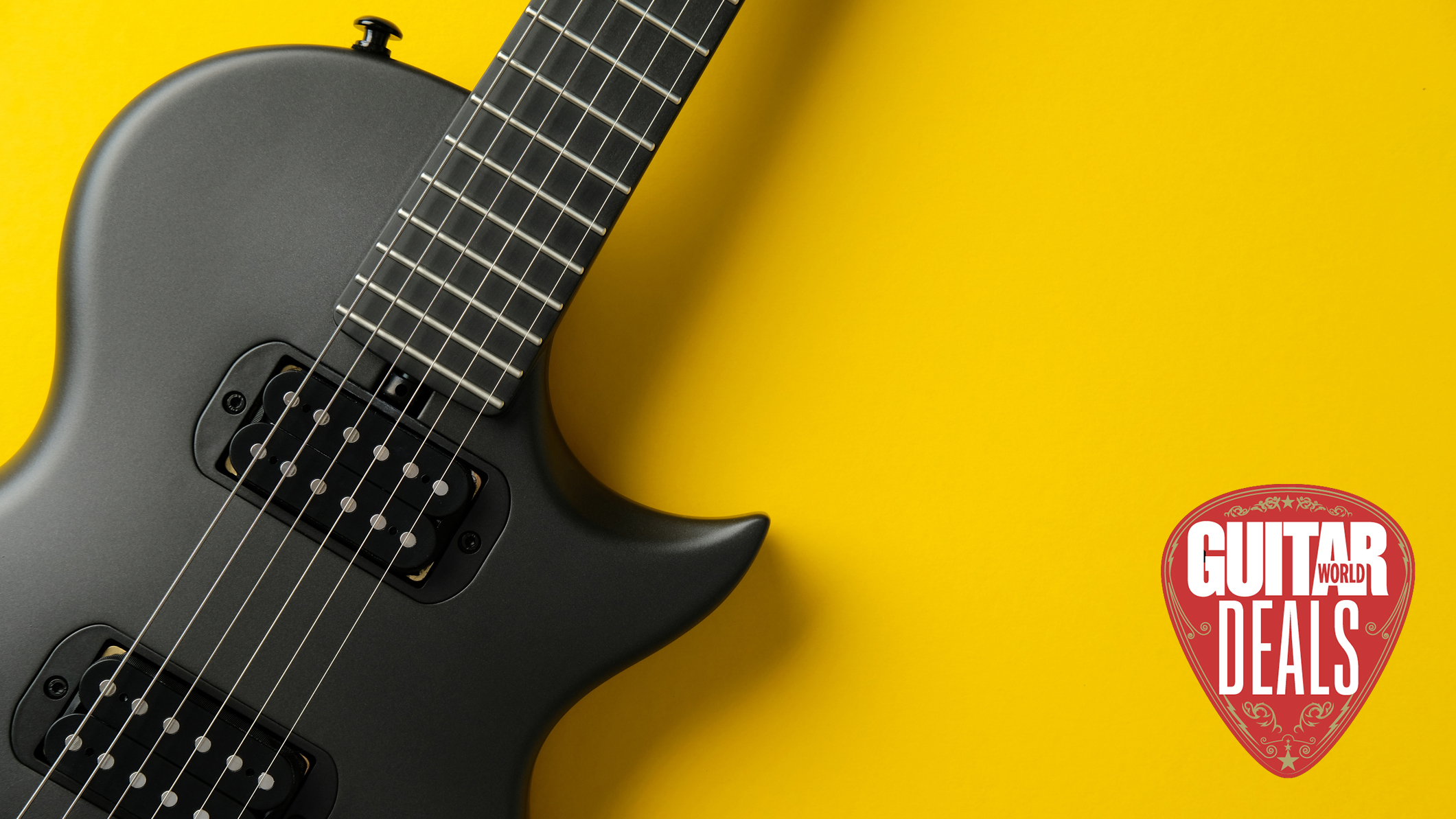 Black guitar against a yellow background with a guitar deals logo