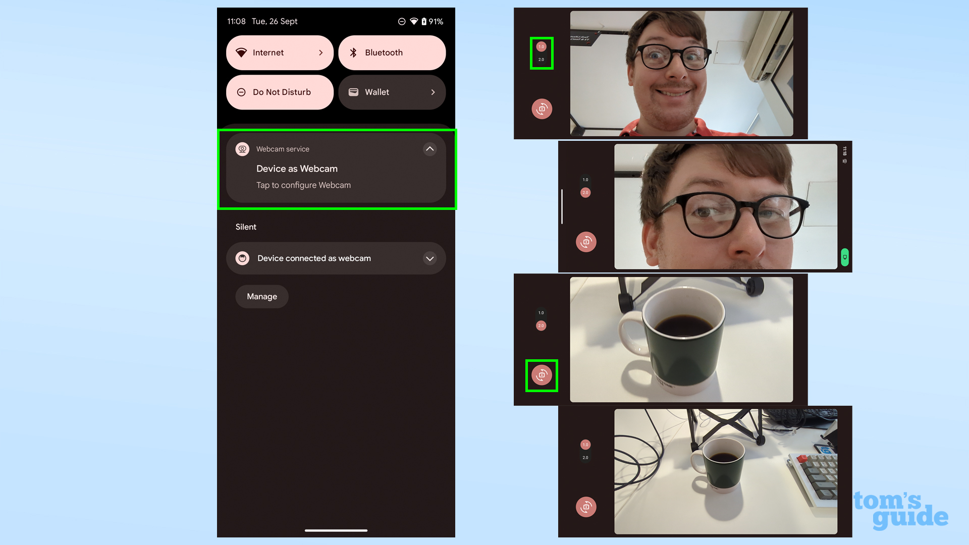 Несколько снимков экрана, показывающие, как получить доступ к элементам управления веб-камерой на телефоне Android, а также эффекты этих элементов управления.
