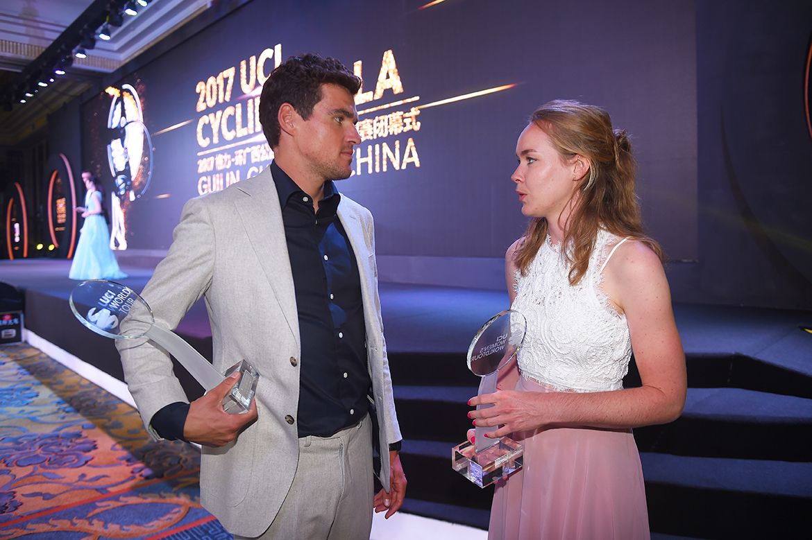 Greg Van Avermaet and Anna van der Breggen talk to each other