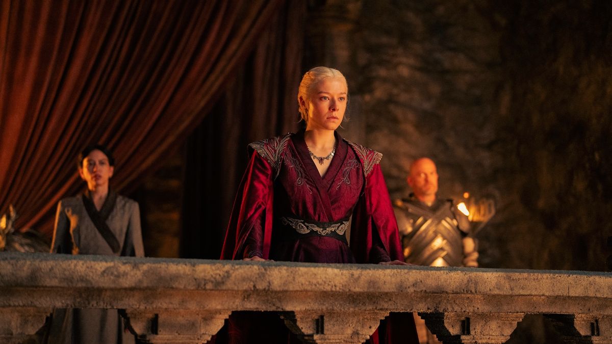 Rhaenyra (Emma D&#039;Arcy) stands on a balcony in Vermithor&#039;s lair in &quot;House of the Dragon&quot; season 2 episode 7