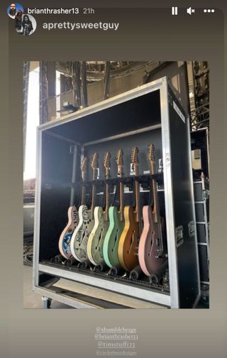 Tom DeLonge's guitar rack at Coachella 2023