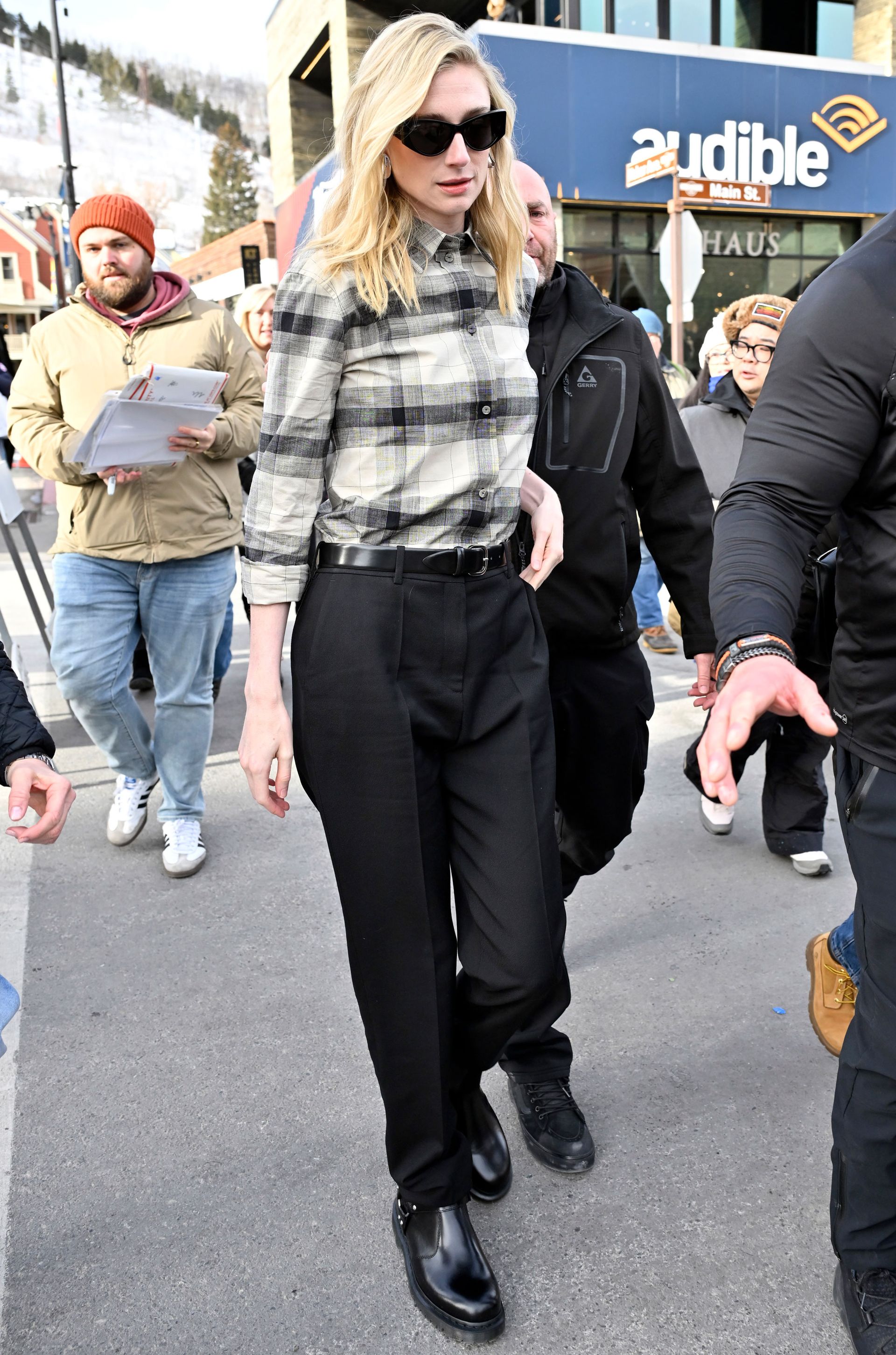 Elizabeth Debicki attends the 2026 Sundance Film Festival wearing Dr. Martens chelsea boots and a plaid shirt