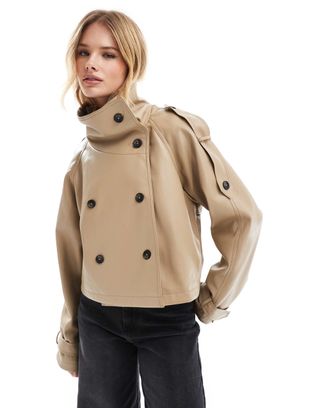 Asos Design Funnel Neck Leather Look Short Trench Coat in Stone