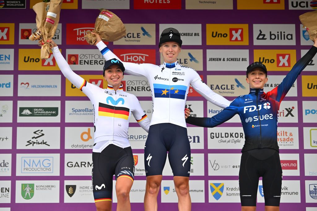 LARVIK NORWAY AUGUST 25 LR Liane Lippert of Germany and Movistar Team on second place stage winner Lorena Wiebes of The Netherlands and Team SD Worx and Cecilie Uttrup Ludwig of Denmark and Team FDJSuez on third place pose on the podium ceremony after the 9th Tour of Scandinavia 2023 Battle Of The North Stage 3 a 1349km stage from Kongsberg to Larvik UCIWWT on August 25 2023 in Larvik Norway Photo by Luc ClaessenGetty Images