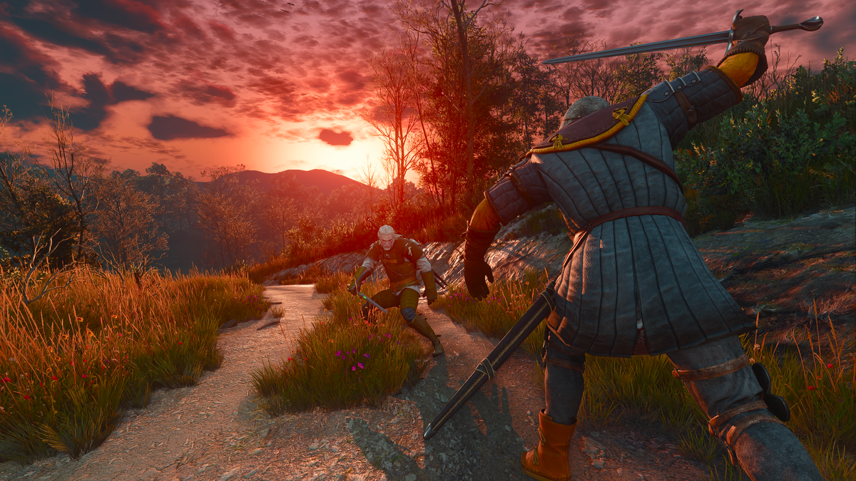 A soldier chases Geralt.