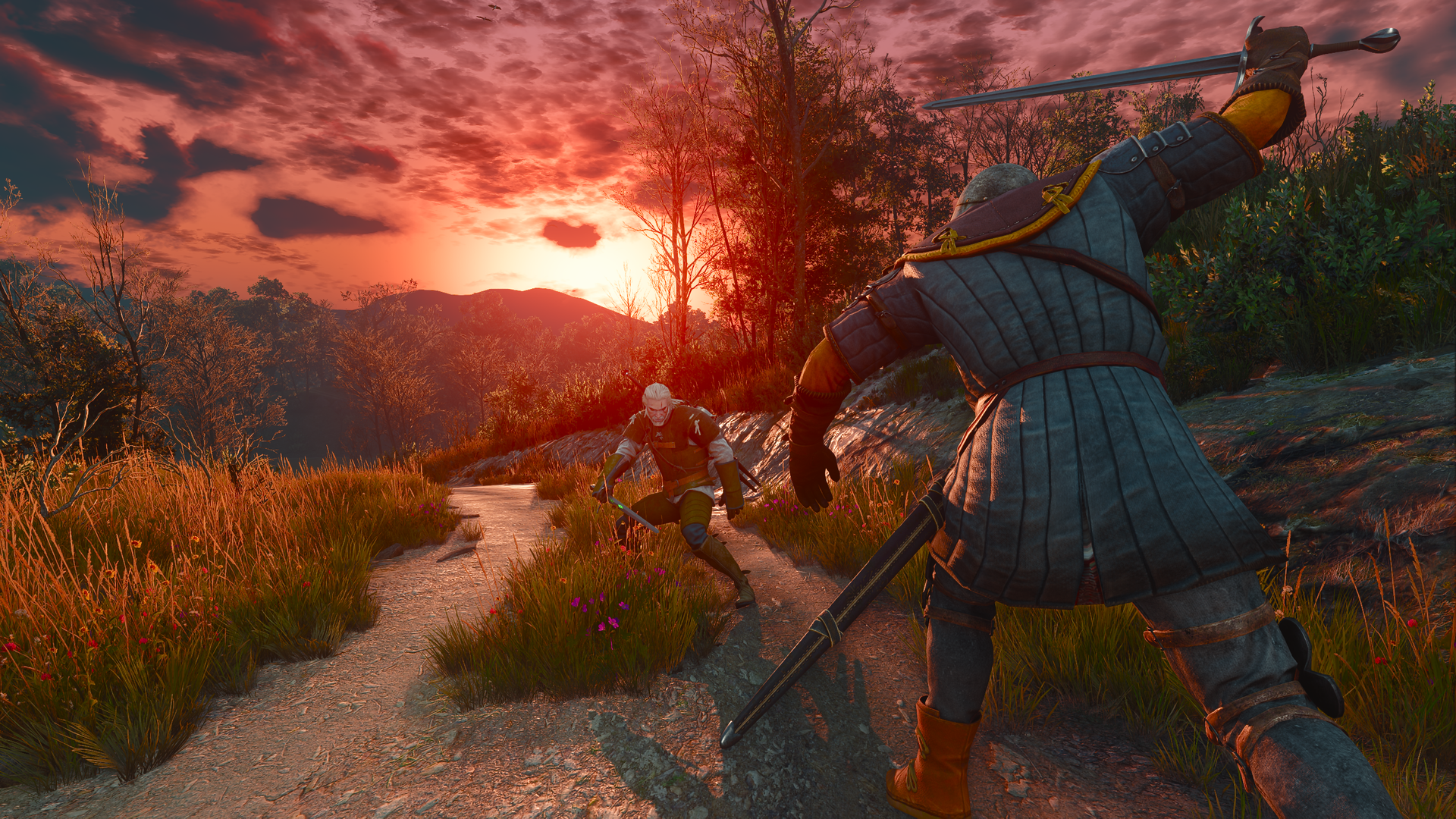 A soldier chases Geralt.