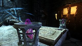 Best Skyrim mods — ritual magic swirls around a grimoire and a pair of soul gems.