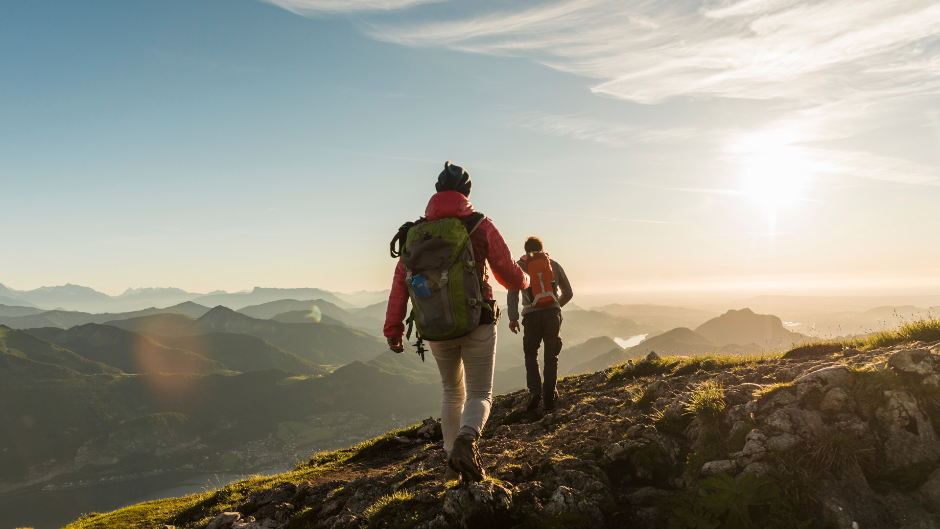 Two people hiking in the mountains