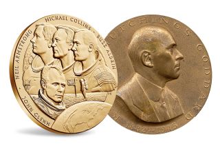 Congressional Gold Medals awarded to rocket pioneer Robert H. Goddard (1959) and astronauts John Glenn, Neil Armstrong, Buzz Aldrin and Michael Collins (2011).