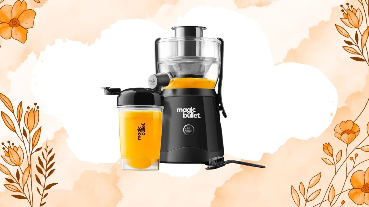 Magic Bullet Mini Juicer on an orange and white marble background with flower graphics