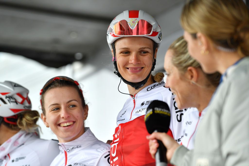 WAREGEM BELGIUM MARCH 30 Pernille Mathiesen of Denmark and Team Cofidis Fminin during the team presentation prior to the 10th Dwars door Vlaanderen 2022 Womens Elite a 120km one day race from Waregem to Waregem DDV22 DDVwomen on March 30 2022 in Waregem Belgium Photo by Luc ClaessenGetty Images