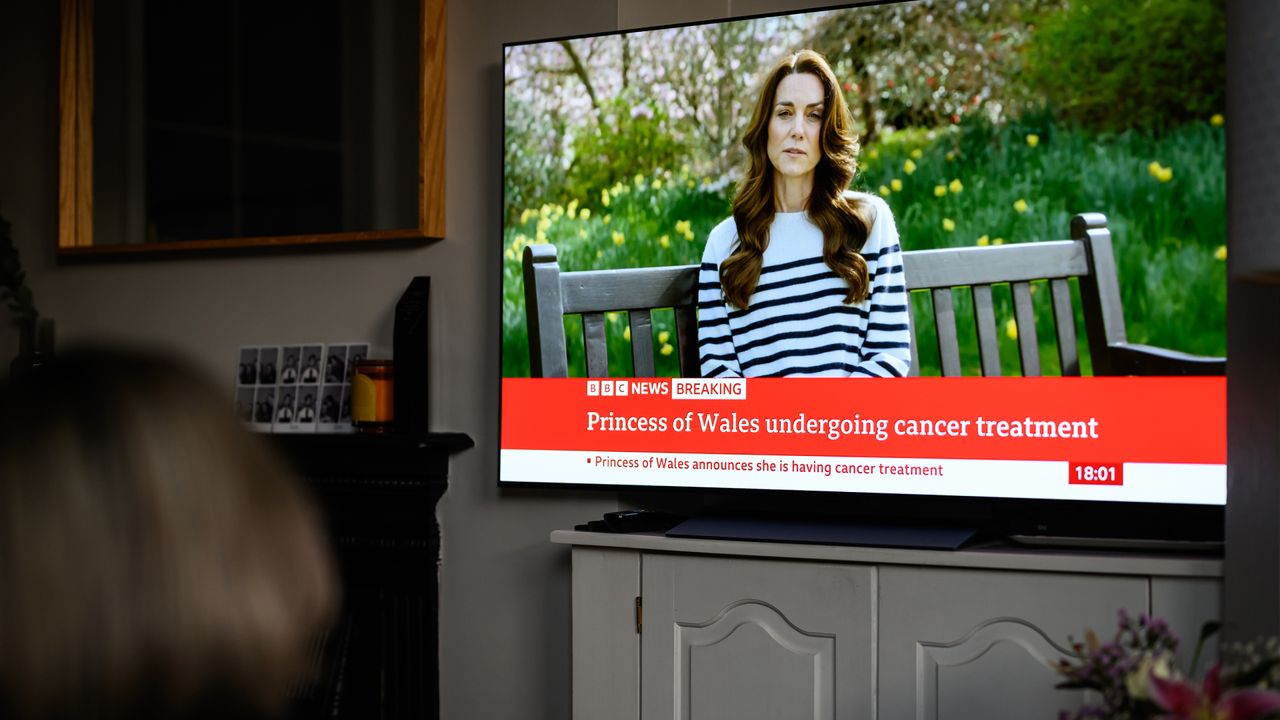 A relative of the Photographer watches television, as Catherine, The Princess of Wales announces that she is receiving a preventative course of chemotherapy for cancer on March 22, 2024 in London, England. 