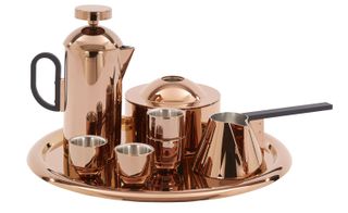 Coffee set is made from stainless steel with a film of vapourised copper