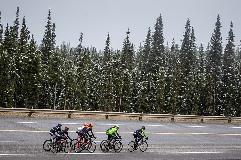 The breakaway races along Hwy 40 and were caught ahead of the final climb to Miette Hot Springs