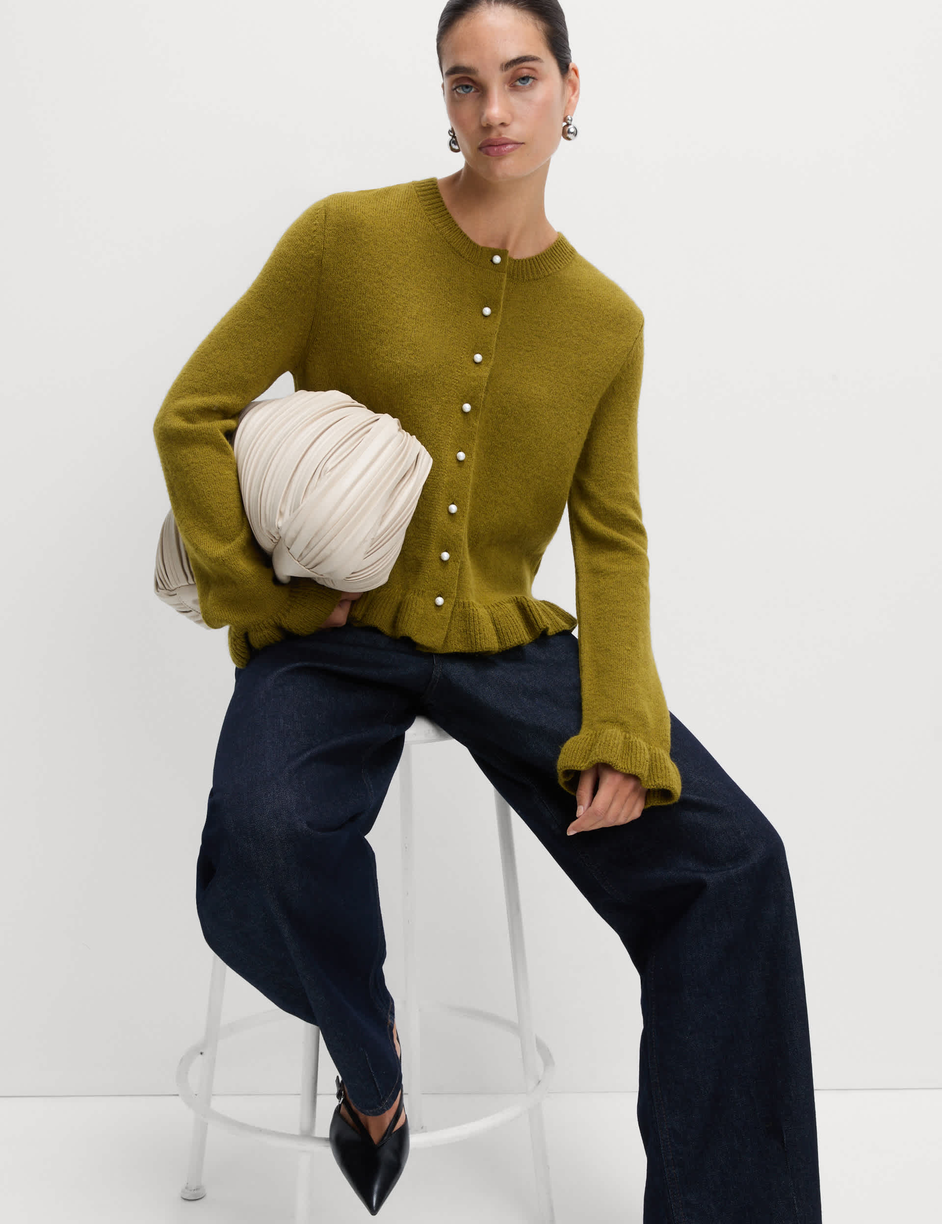 Textured Frill Detail Cardigan With Wool