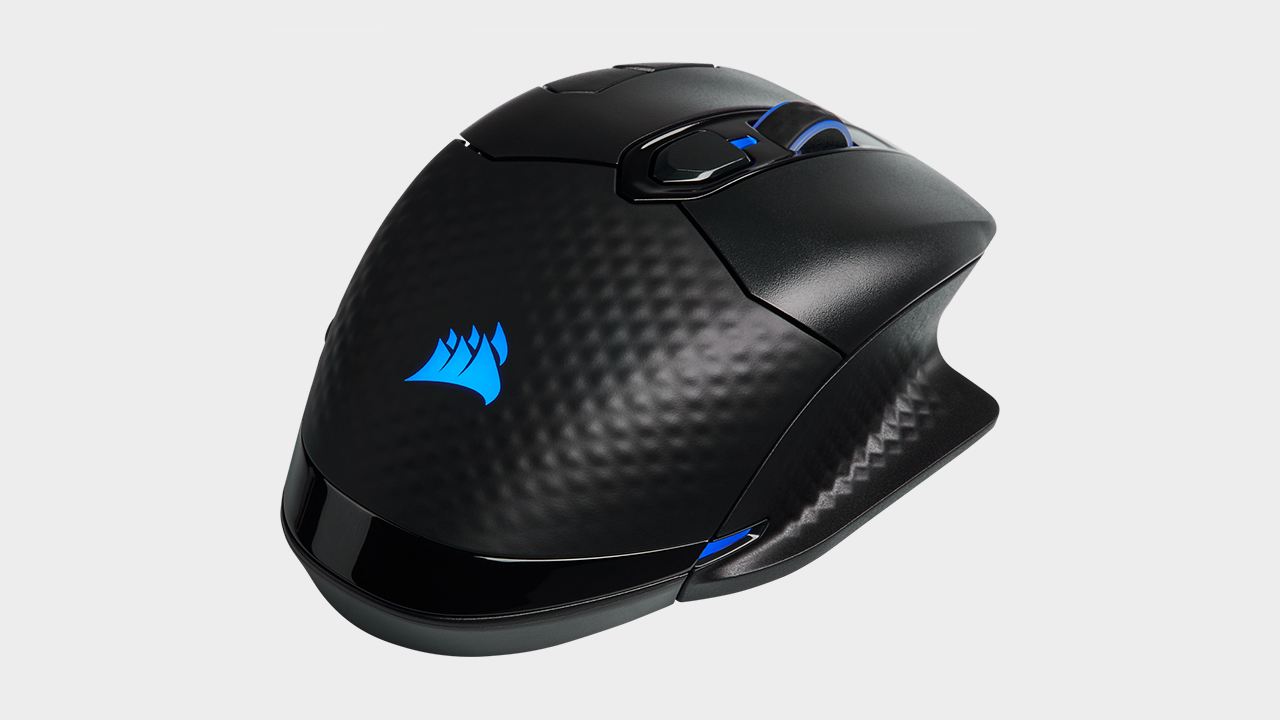 Corsair Dark Core RGB Pro SE gaming mouse on a grey background