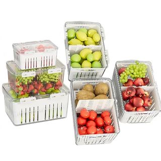 Hausartx Large Fridge Organizer Bins, Fridge Fruit Storage Containers With Timers and Removable Colander, pictured with lemons grapes tomatoes potatoes and other fruit inside