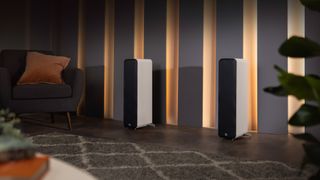 Q Acoustics M40 white towers in a living room 