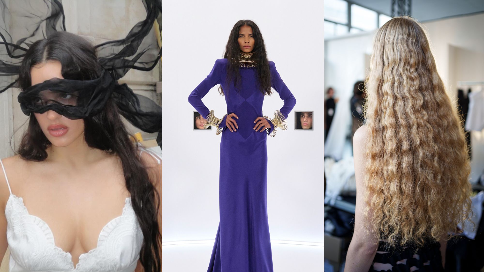 Image of Rosal&iacute;a wearing a sheer, molded black headpiece and long, natural waves; Backstage images from Valentino&rsquo;s haute couture and Alainpaul&rsquo;s S/S 26 shows.