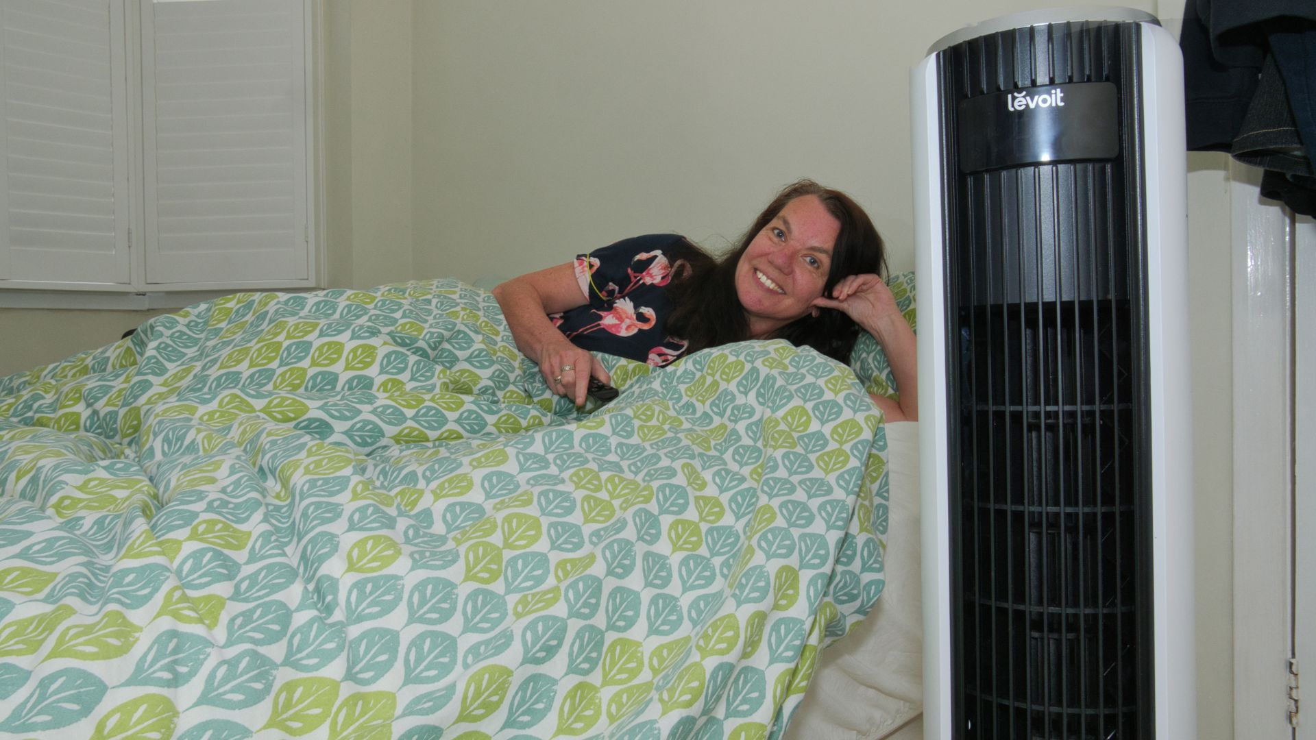 Our tester with the Levoit Classic Tower Fan