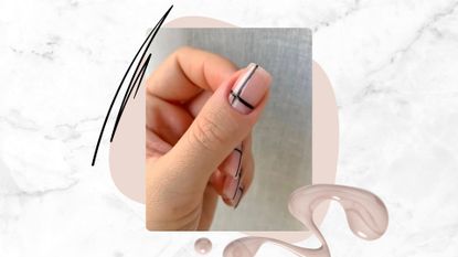 A close-up picture of a hand with a minimalistic pink manicure with a black striped design by nail artist Megan Rose (@gel.bymegan)/ on a white and grey marbled template with stock images of a black line squiggle and a pastel pink nail polish spill