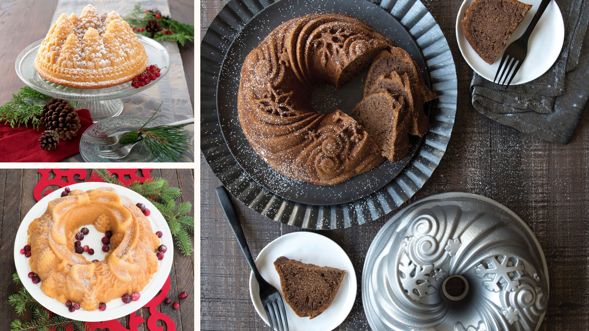 compilation of Christmas bakes made using Christmas cake tins